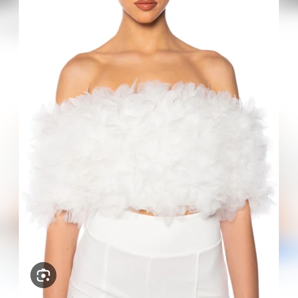 AKIRA Snowy Feathered Off-Shoulder Crop Top